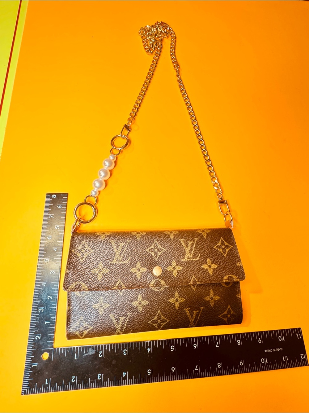 Louis Vuitton Brown Monogram Wallet Crossbody with Pearl Charm and Gold Chain - Picture 2 of 14